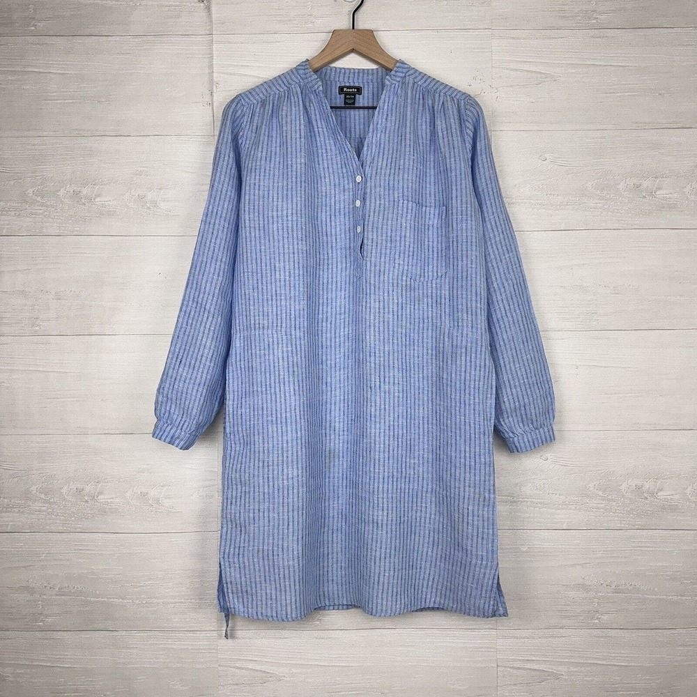 Roots Camrose Linen Tunic Shirt Dress Women XS Striped Blue Coastal Waist Tie